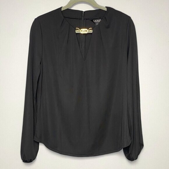 NWT Lauren Ralph Lauren Black with Gold Logo Bishop Sleeve Top Women's Size L - Picture 1 of 7
